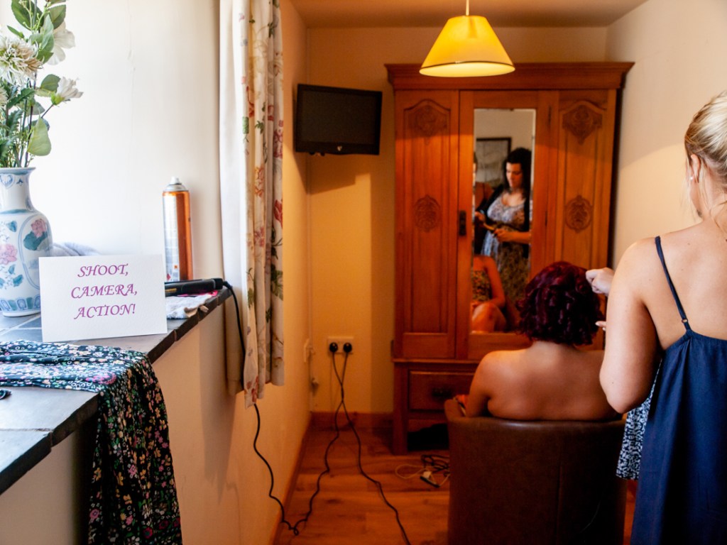 Bridal preparations at Rowton Barns near Shropshire wedding venue, Rowton Castle.