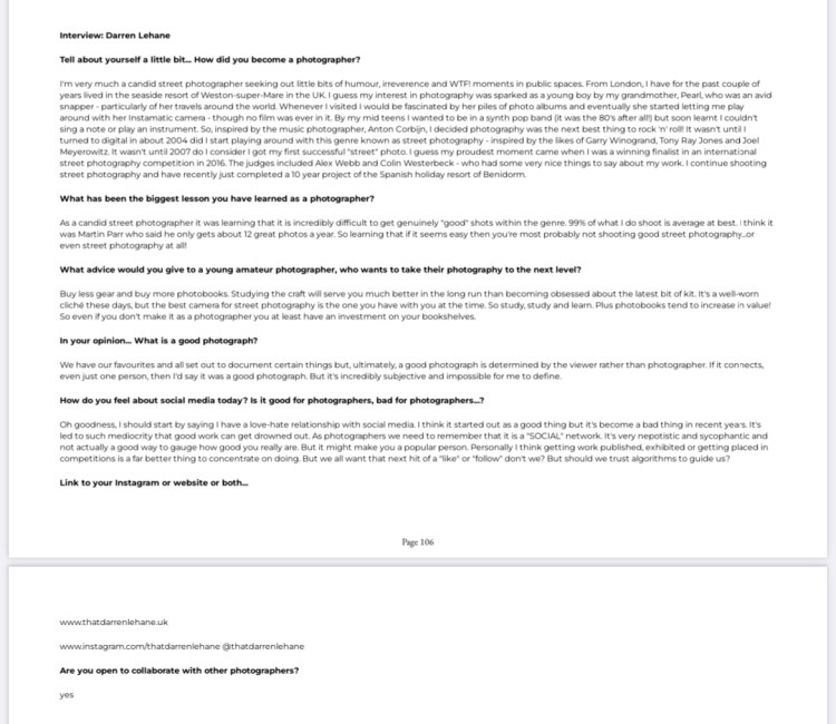 Darren Lehane street photography interview featured in Volume 20 0f Docu-Magazine's e-Book