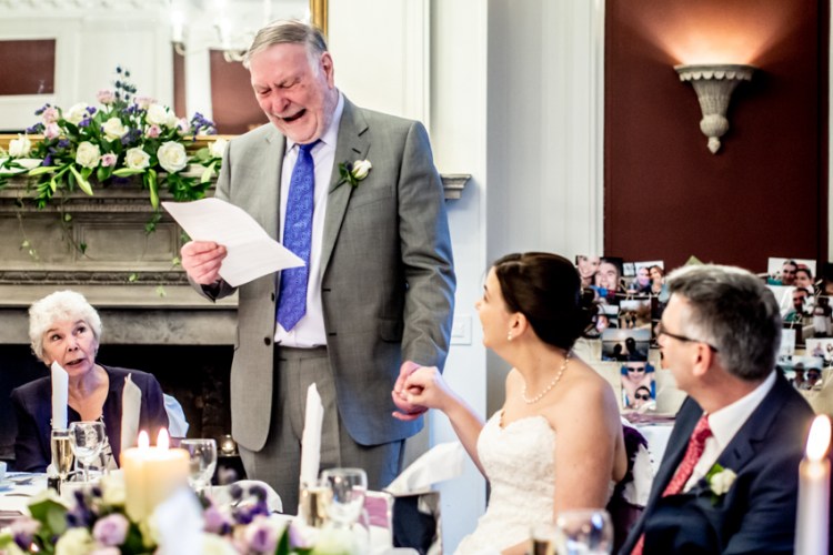 Candid wedding photography of an emotion father-of-the-bride during the wedding speeches at Slaley Hall in Northumberland.