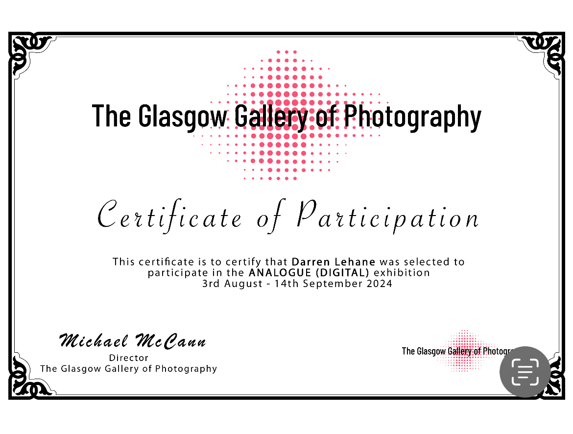 Certificate of Participation Analogue Exhibition - The Glasgow Gallery of Photography.