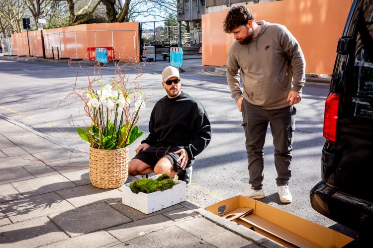 A man kneeling by plants in Bristol.