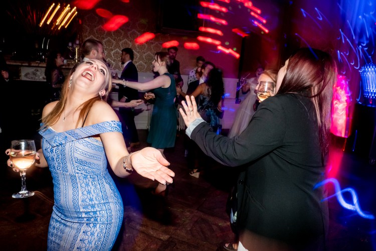 Guests dancing during a wedding at Grittleton House in Wiltshire.