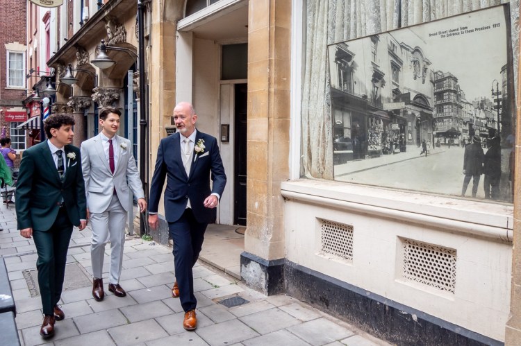 The groom and his sons on the way to a wedding at Bristol Register Office in Bristol.