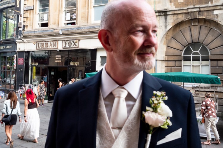 THe groom after a wedding at Bristol Register Office in Bristol.