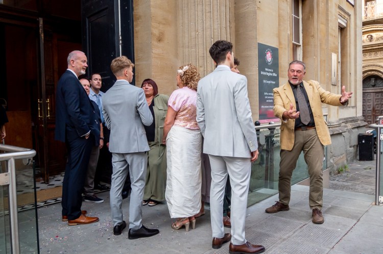 A demonstrative guest after a wedding at Bristol Register Office in Bristol.