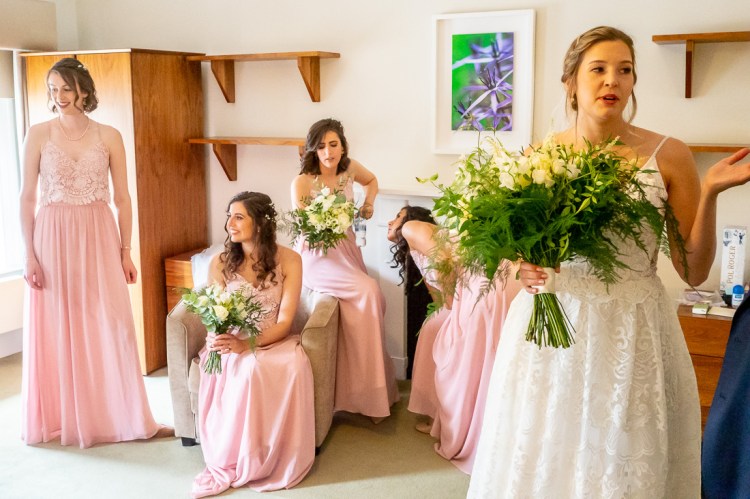 The bridal party relaxing during the morning before a wedding at Worcester College in Oxford.
