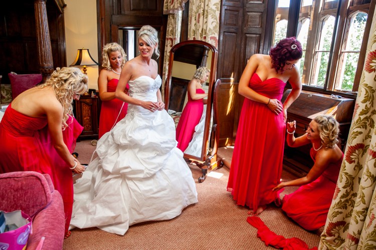 The bridal preparations at a wedding at Rowton Castle in Shropshire.