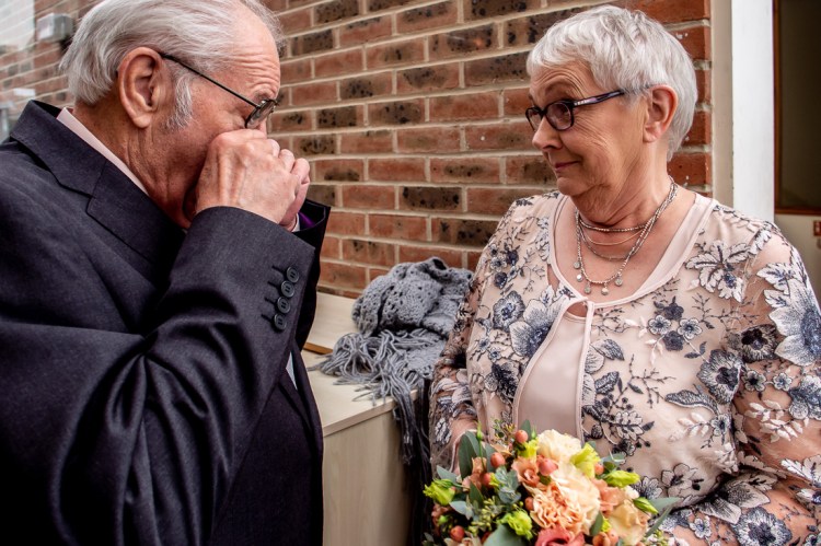 An emotional groom before a wedding in Worthing, West Sussex.